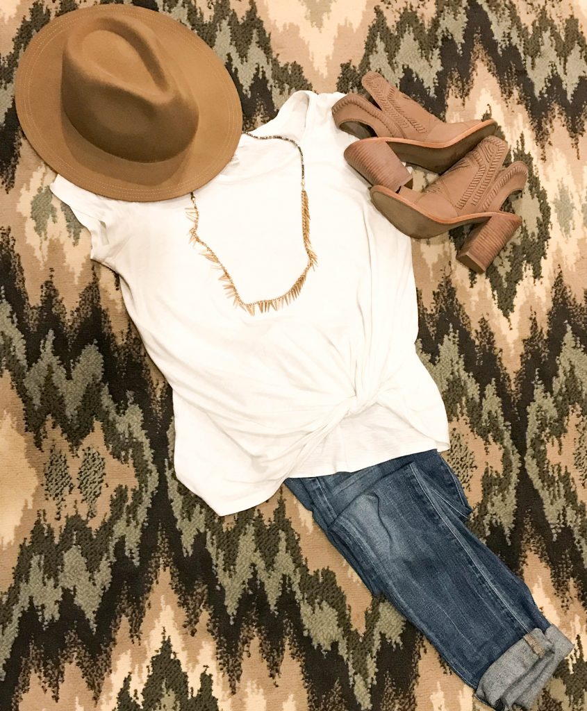 Basic tee, jeans, booties and hat