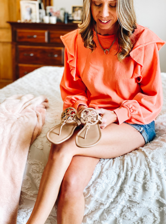 Tory Burch Miller Sandals styles by top Pittsburgh lifestyle blogger, Fashionably Late Mom
