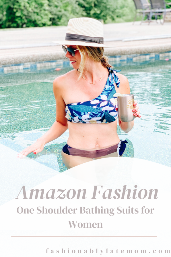 7 One Shoulder Bathing Suits for Women on Amazon featured by top Pittsburgh fashion blogger, Fashionable Late Mom.