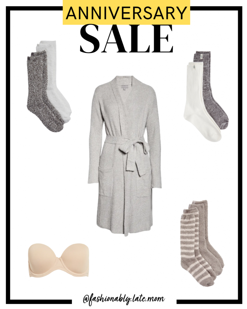2021 Nordstrom Anniversary Sale, Barefoot Dreams, cozy socks, strapless bra, ugg socks | Nordstrom Anniversary Sale Preview by popular Pittsburgh fashion blog, Fashionably Late Mom: collage image of Nordstrom socks and robe. 
