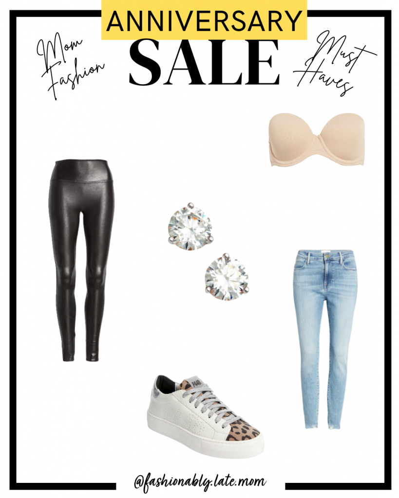 nordstrom anniversary sale 2021, public access, spanx faux leather leggings, p448 sneakers, earrings, wacoal strapless bra, designer denim, frame jeans | Nordstrom Anniversary Sale by popular Pittsburgh fashion blog, Fashionably Late Mom: collage image of Spanx faux leather leggings, CZ stud earrings, strapless bra, P448 leopard print sneakers, and light wash jeans. 