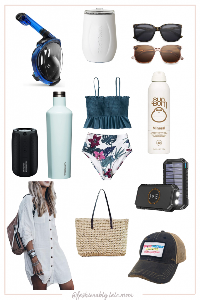 30a packing list, beach bag, coverup, wireless speaker, portable charger, swimsuit, sunglasses | 30A Packing List by popular Pittsburgh life and style blog, Fashionably Late Mom: collage image of a white linen shirt, woven tote bag, solar light, ball cap, portable bluetooth speaker, Sun Bum mineral spray sunscreen, two piece swimsuit, insulated water bottle, snorkel mask, vinglace tumbler wine glass, brown frame sunglasses, and black frame sunglasses. 