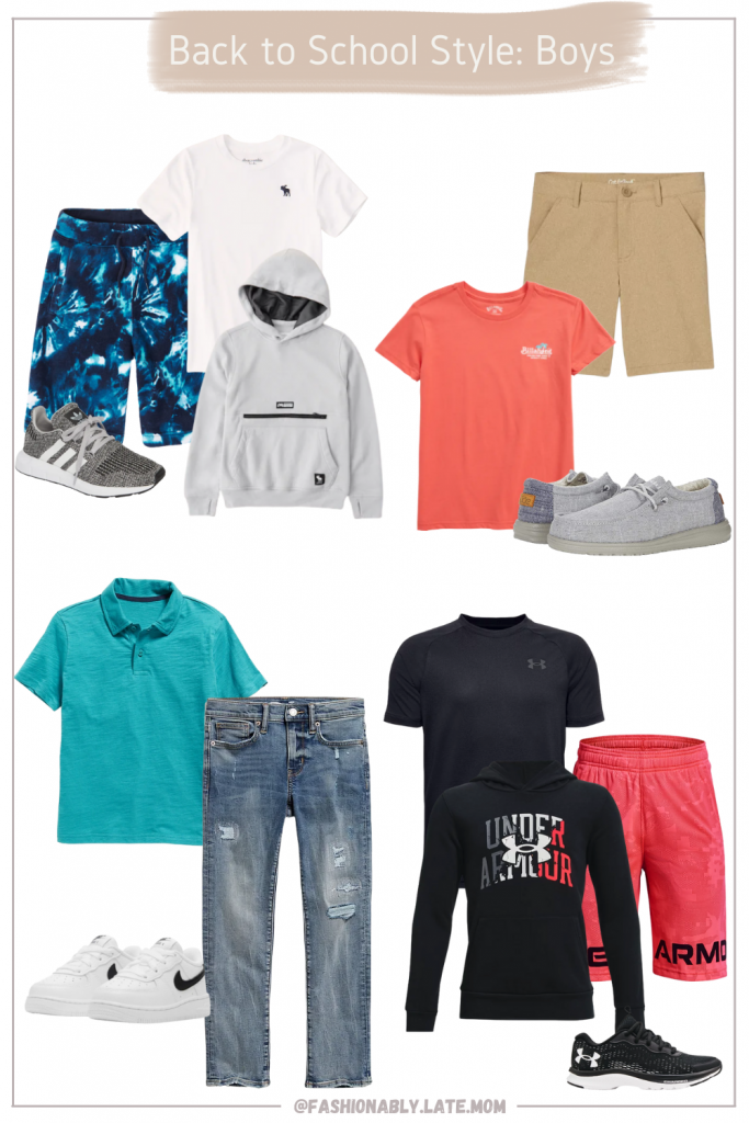 back to school outfits for boys, under armour, abercrombie kids, kids jeans | Back to School Outfits by popular Pittsburgh fashion blog, Fashionably Late Mom: collage image of Adidas sneakers, white Abercrombie and Fitch t-shirt, blue tie dye shorts, white hoodie sweatshirt, tan shorts, canvas loafers , coral colored shirt, teal polo distressed denim, white Nike sneakers, black Under Armour hoodie, black Under Armour shirt, red Under Armour shorts,and black Under Armour sneakers.  