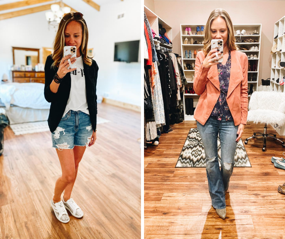 How to Style a Blazer by popular Pittsburgh fashion blog, Fashionably Late Mom: collage image of a woman wearing a white t-shirt, distressed shorts, sneakers, black blazer, peach color blazer, blue floral print blouse, and distress jeans.