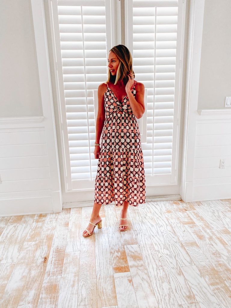 loft dress, vacation dress, 30a packing list | 30A Packing List by popular Pittsburgh life and style blog, Fashionably Late Mom: image of a woman wearing a Loft dress and white strap block heel sandals. 