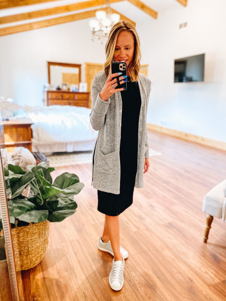 teacher style, cardigan, gibson look, just posted blog | Gibson Clothing by popular Pittsburgh fashion blog, Fashionably Late Mom: image of a woman wearing a black dress, grey and white sneakers, and grey longline cardigan.