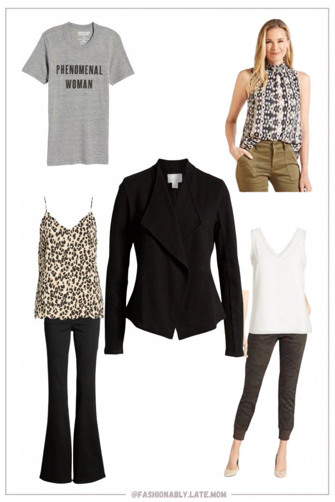 casual blazer styles, workwear, business casual | How to Style a Blazer by popular Pittsburgh fashion blog, Fashionably Late Mom: collage image of a graphic t-shirt, high neck black and white print sleeveless blouse, leopard print blouse, black blazer, camo jogger pants, black flare leg trousers, and white sleeveless v-neck blouse.