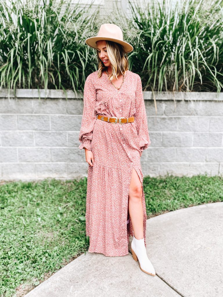 fall floral dress, boho style dress, pink lily | Pink Lily by popular Pittsburgh fashion blog, Fashionably Late Mom: image of a woman wearing a Pink Lilly  tan felt fedora hat, white ankle boots, red and white floral maxi dress and a western belt. 
