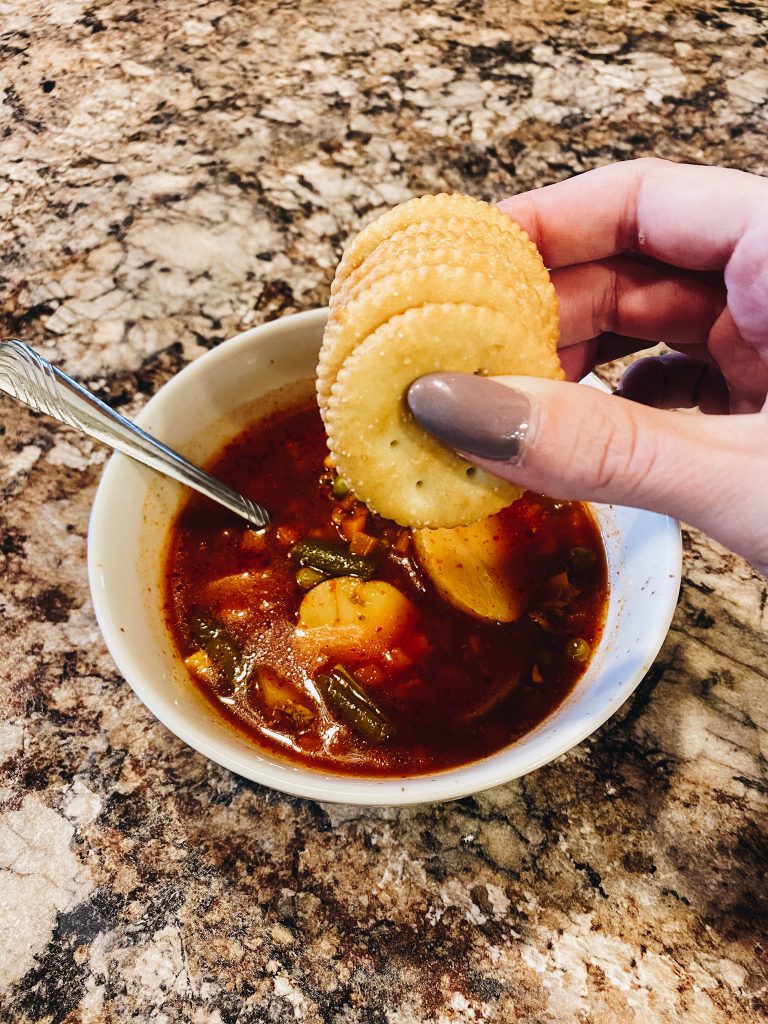 Quick and Easy Homemade Vegetable Soup Recipe featured by top PA lifestyle blogger, Fashionably Late Mom
