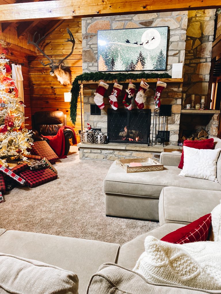 Christmas decor, cozy living room, frame tv, fireplace decor, favorite christmas movies