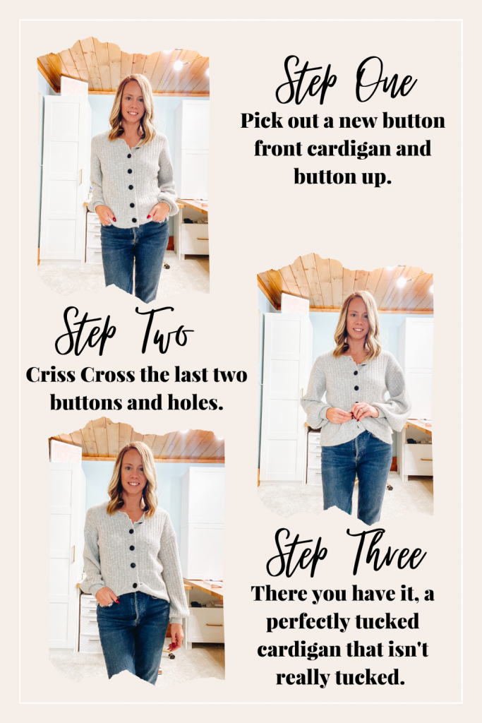 button cardigan sweater, sweater weather, how to faux tuck a cardigan sweater 