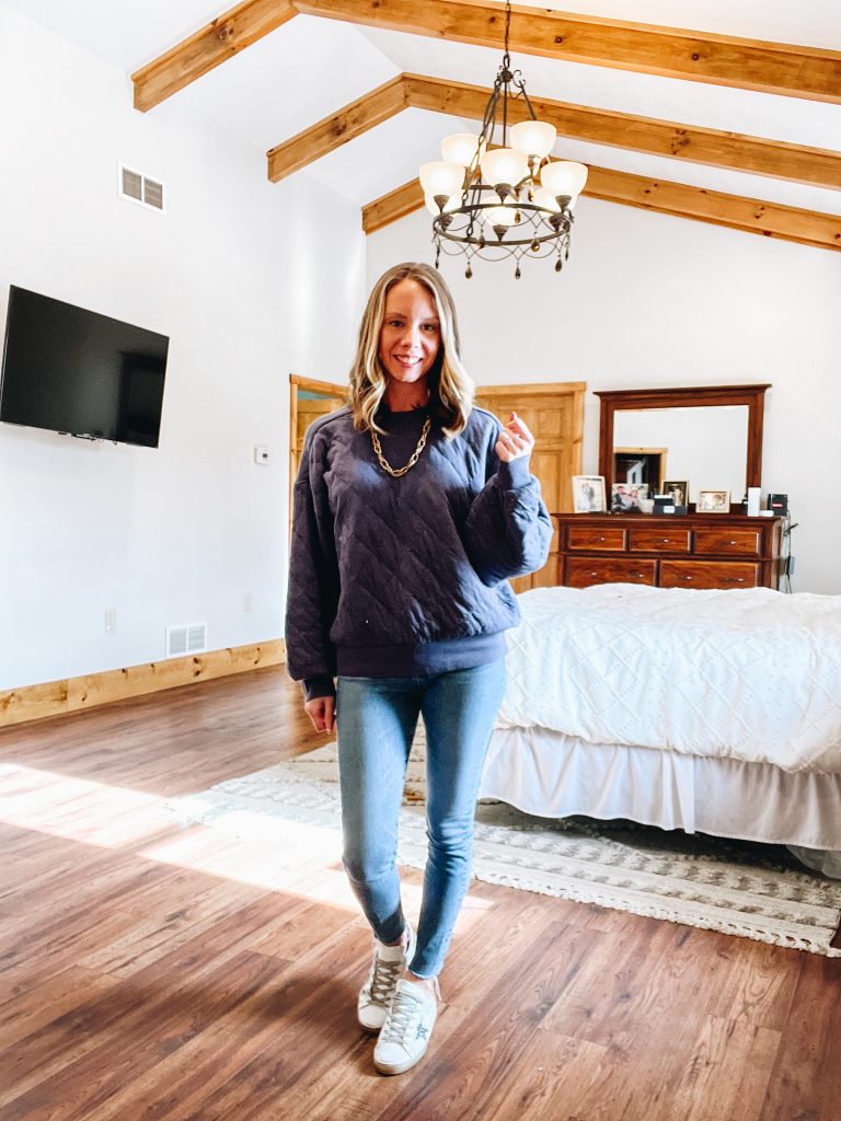 how to style a monochromatic outfit, quilted pullover, target style, golden goose sneakers, AG Jeans