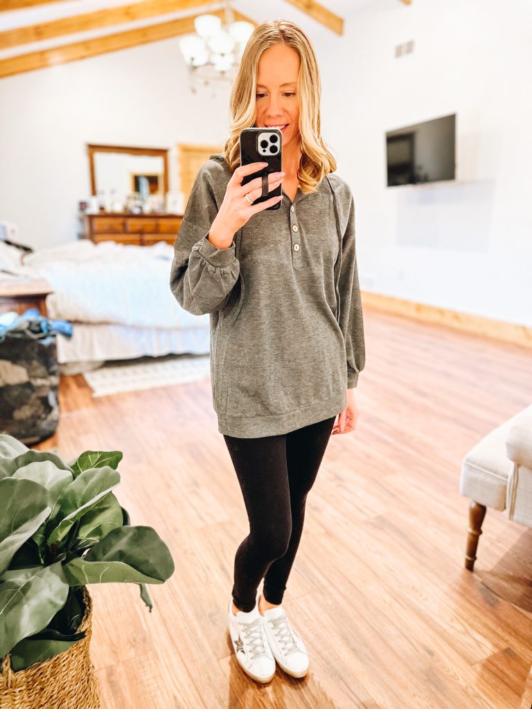 amazon fashion, casual style, over 30 fashion, legging friendly tops, henley top, golden goose sneakers, sweaters for leggings