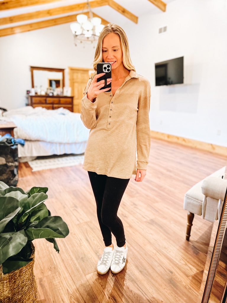 amazon fashion, casual style, over 30 fashion, legging friendly tops, henley top, golden goose sneakers, sweaters for leggings