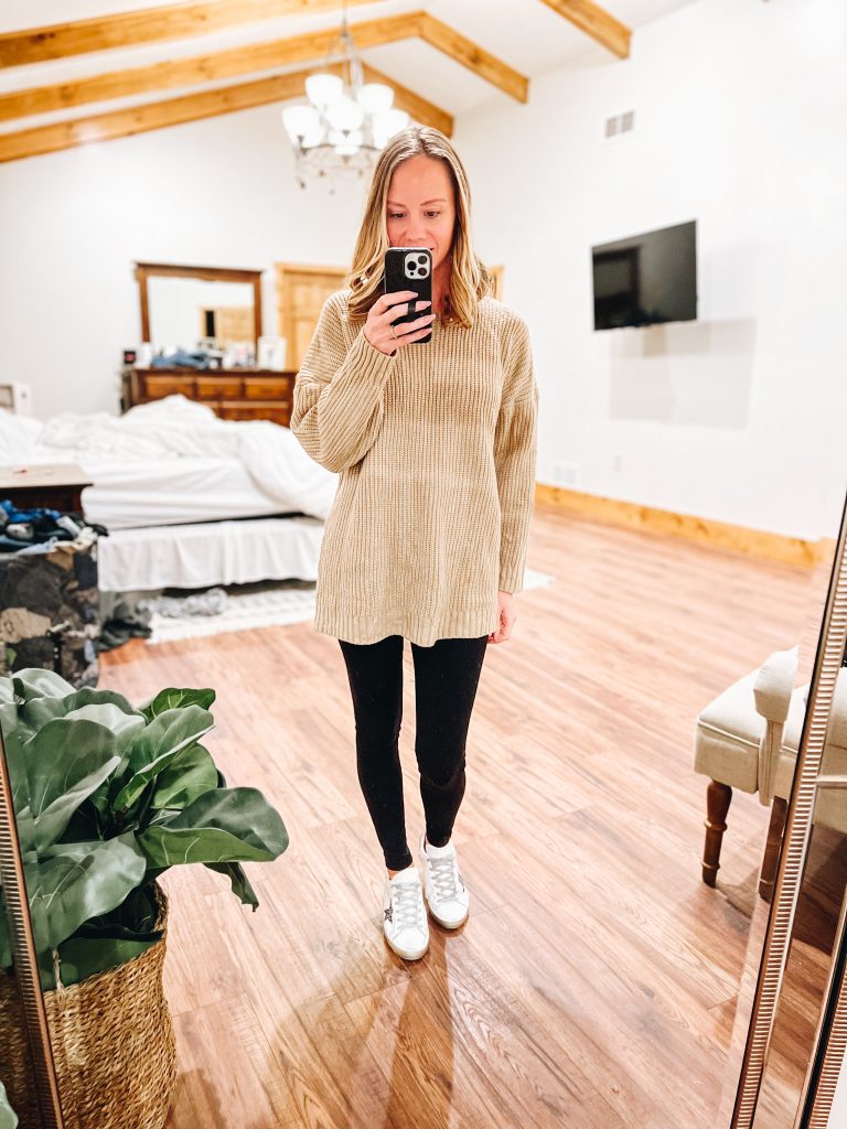 amazon fashion, casual style, over 30 fashion, legging friendly tops, henley top, golden goose sneakers, sweaters for leggings