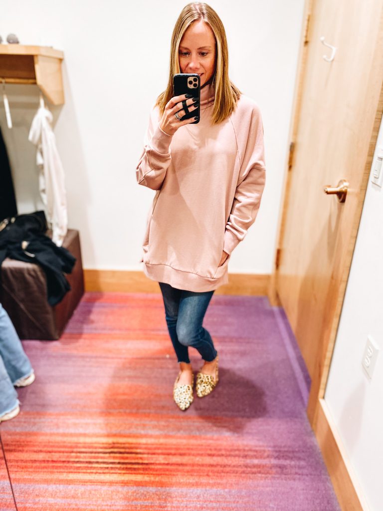cozy tunic, top with leggings, evereve