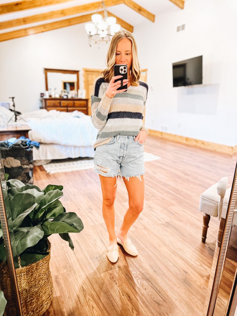 outfit ideas for mules, agolde shorts, target sweater, sweaters for spring