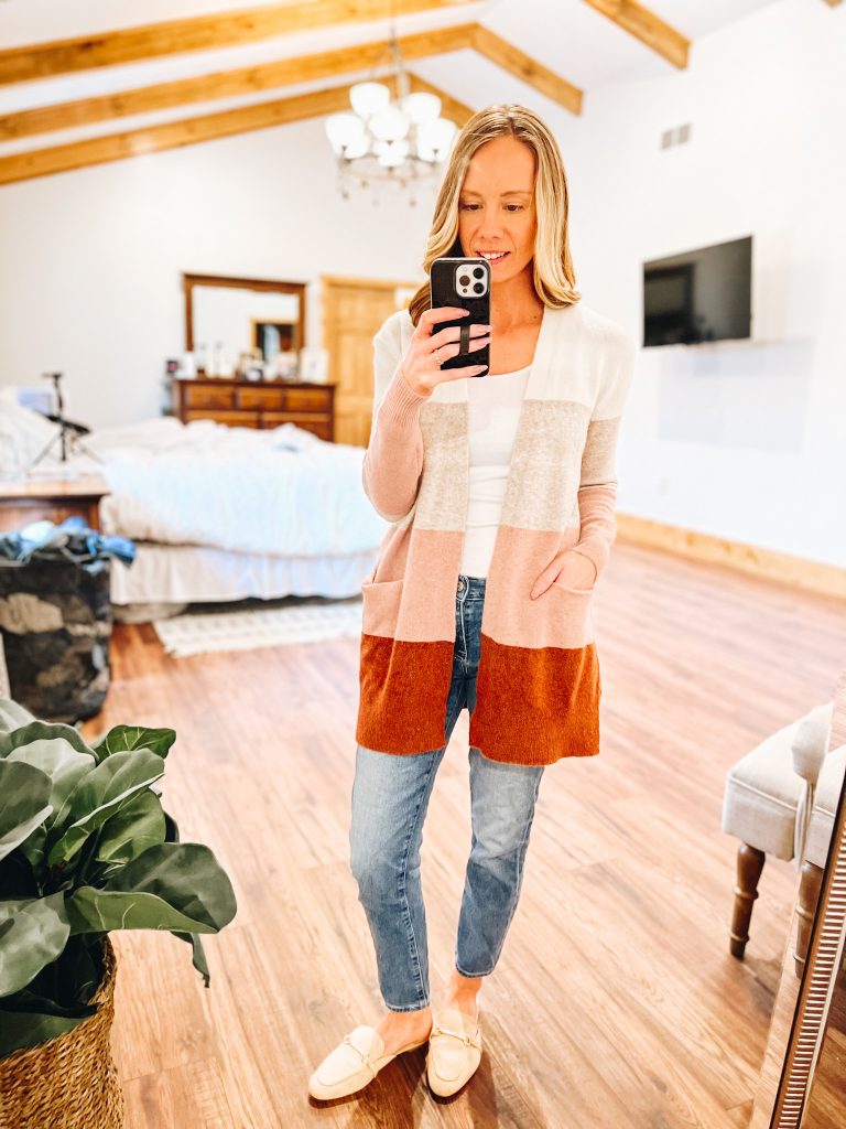 outfit ideas for mules, neutral shoes, spring outfit idea, madewell cardigan