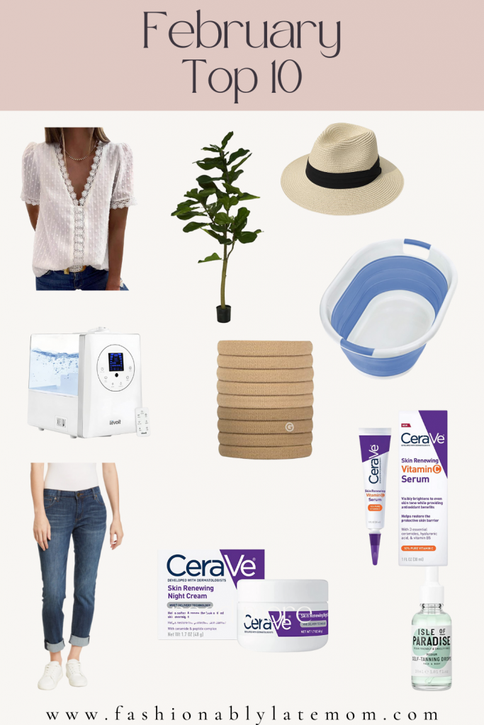 February Top 10, Fashionably Late Mom bestsellers, faux fiddle leaf tree, humidifier, boyfriend jeans, cerave