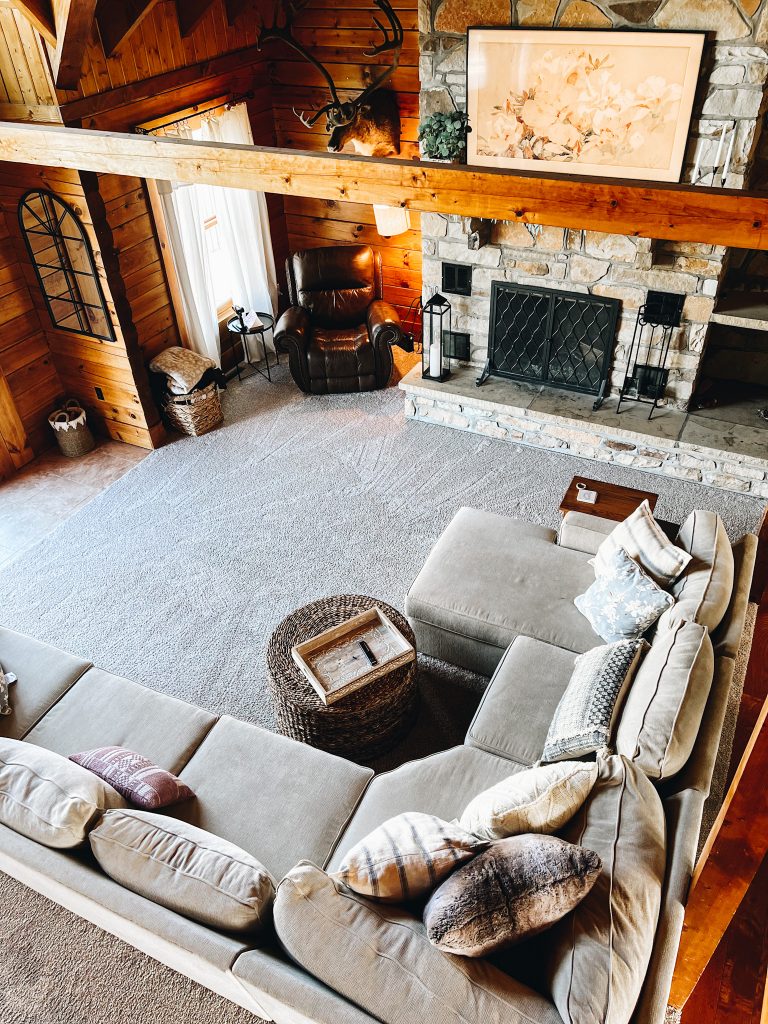 living room home decor, radley sectional, log home, frame tv, amazon home