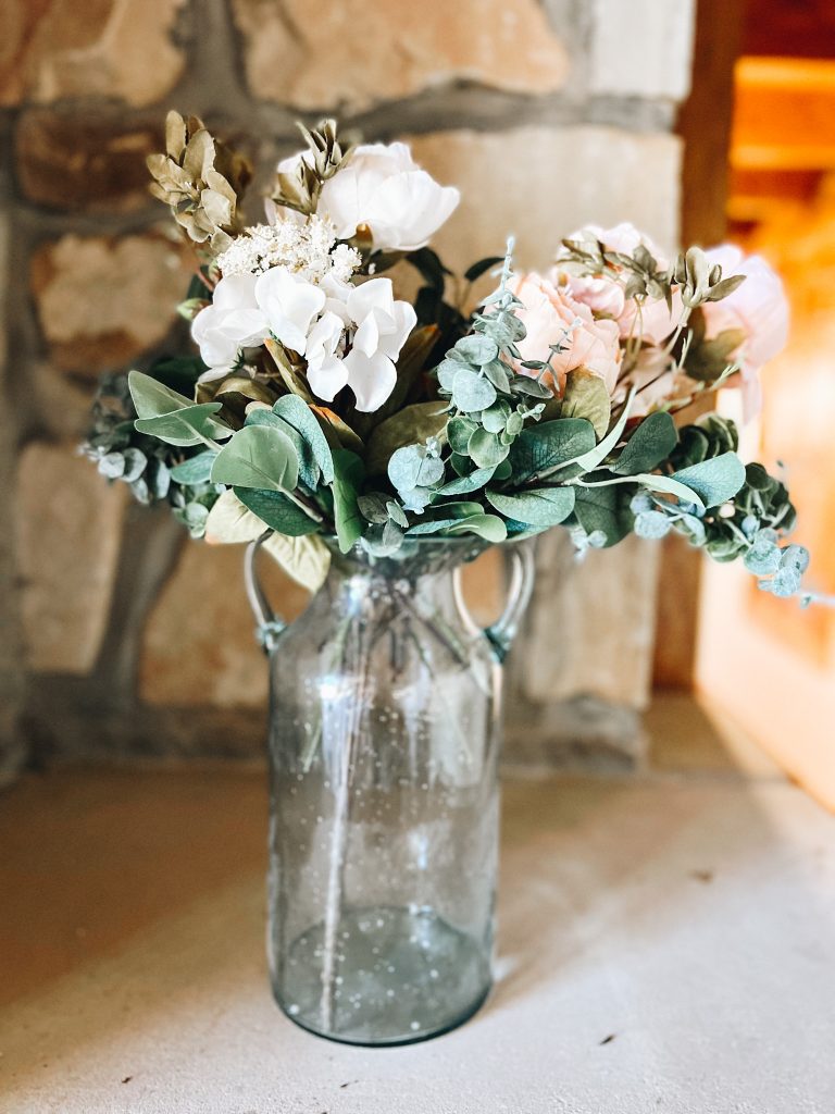 faux flowers, eucalyptus, glass vase