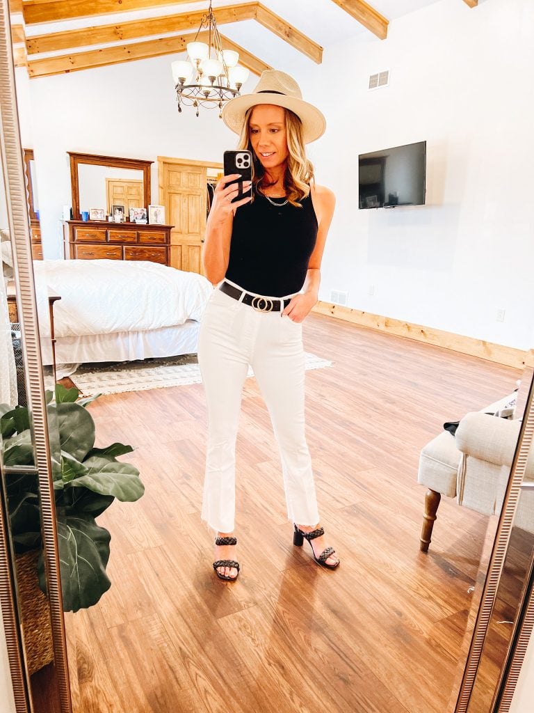 date night outfit, how to style white straight leg jeans, bodysuit, vacation outfit
