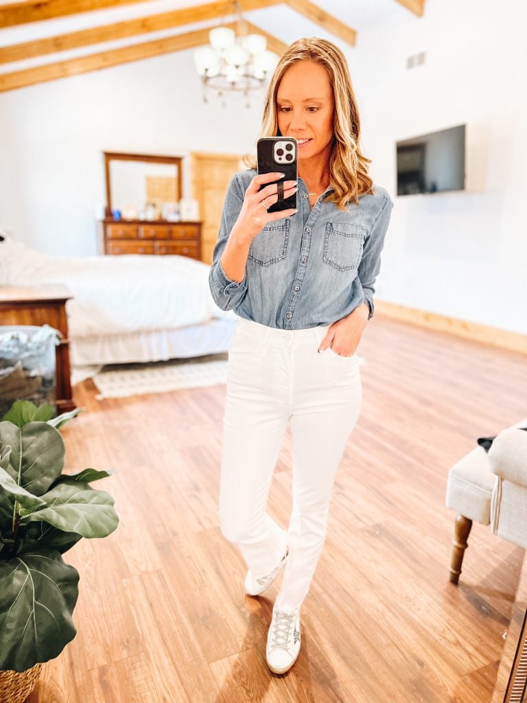 how to style white straight leg jeans, mother denim, casual style, chambray top