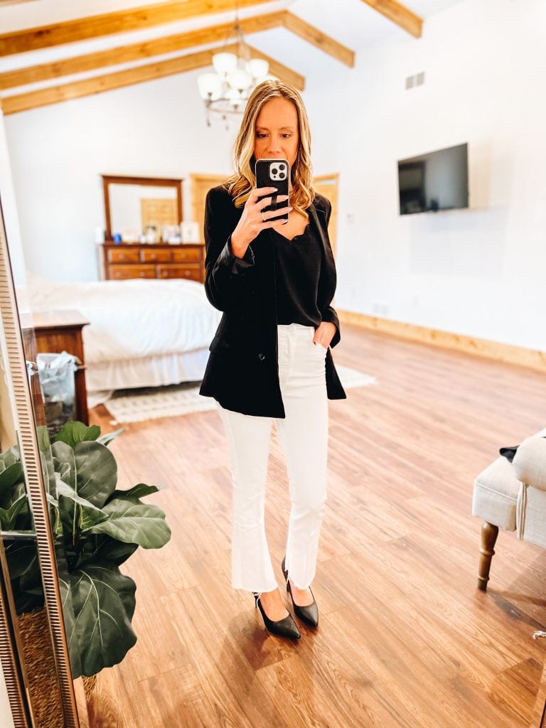 business casual outfit idea, white straight leg jeans, black blazer, office style