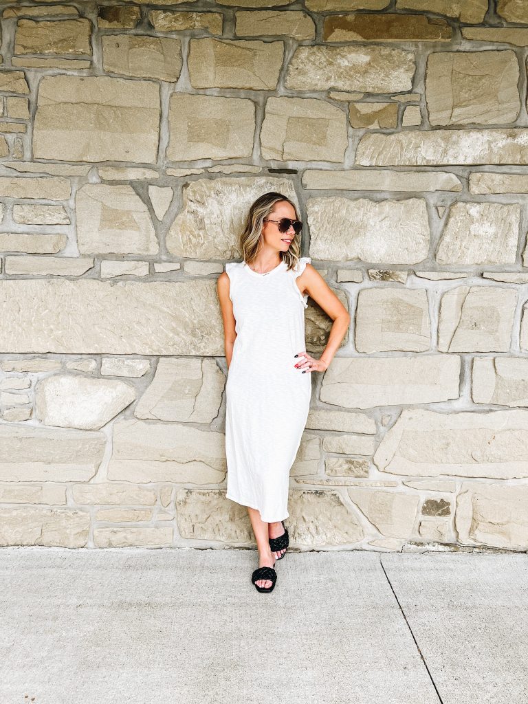 summer dresses for women, target style, ruffle tank dress, midi dress, braided sandals