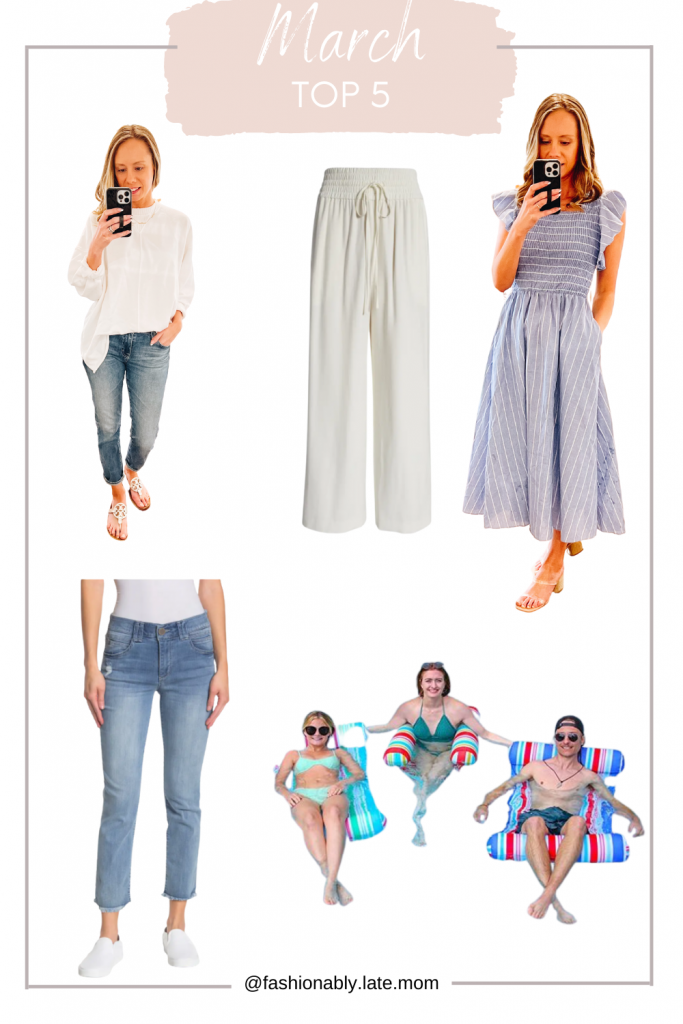 fashionably late mom bestsellers, spring dress, democracy jeans, pool floats, summer pants, AE sweatshirt