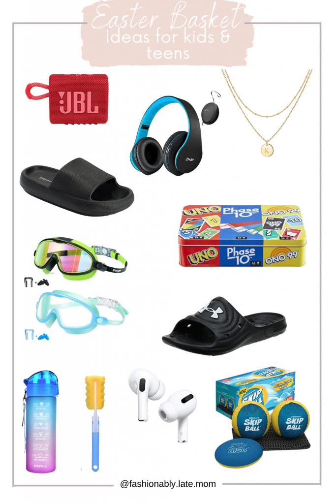 easter basket gift ideas for kids & teens, bluetooth speaker, initial necklace, pillow slides, airpods, pool toys