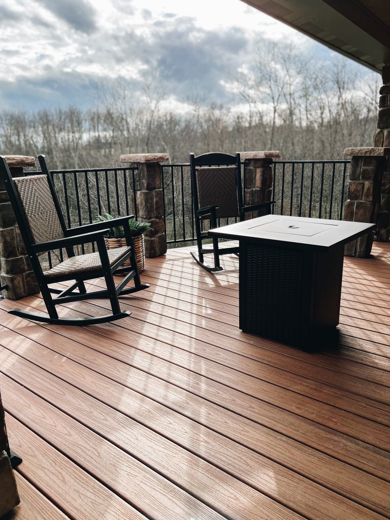 propane fire pit, glass stones for fire pit, trex decking, how to refresh your porch for spring