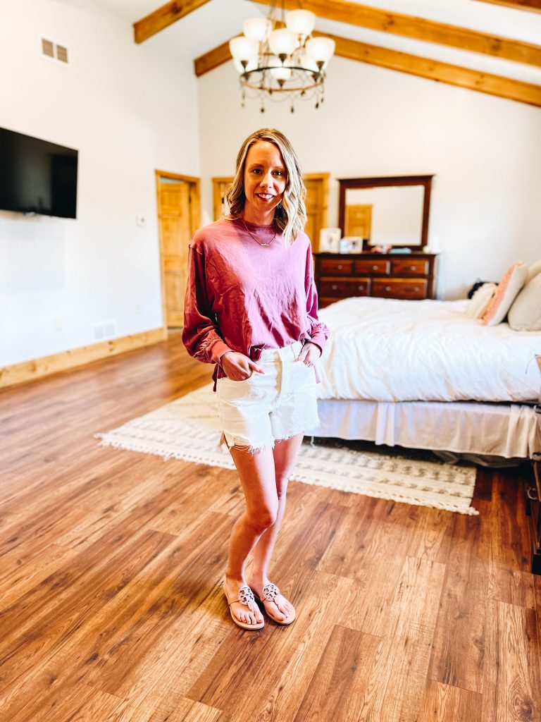 free people top, white free people shorts, tory burch miller soft sandals