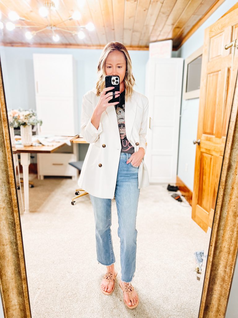 business casual outfit idea, tory burch miller soft sandal, straight leg jeans, graphic tee, blazer