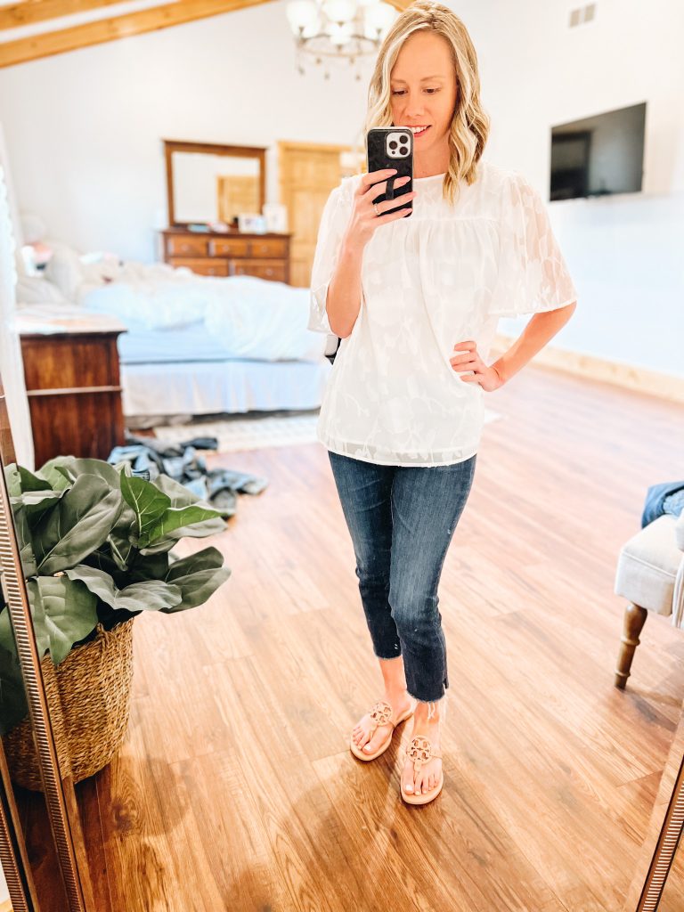 white lace top, skinny straight jeans, tory burch miller soft sandals