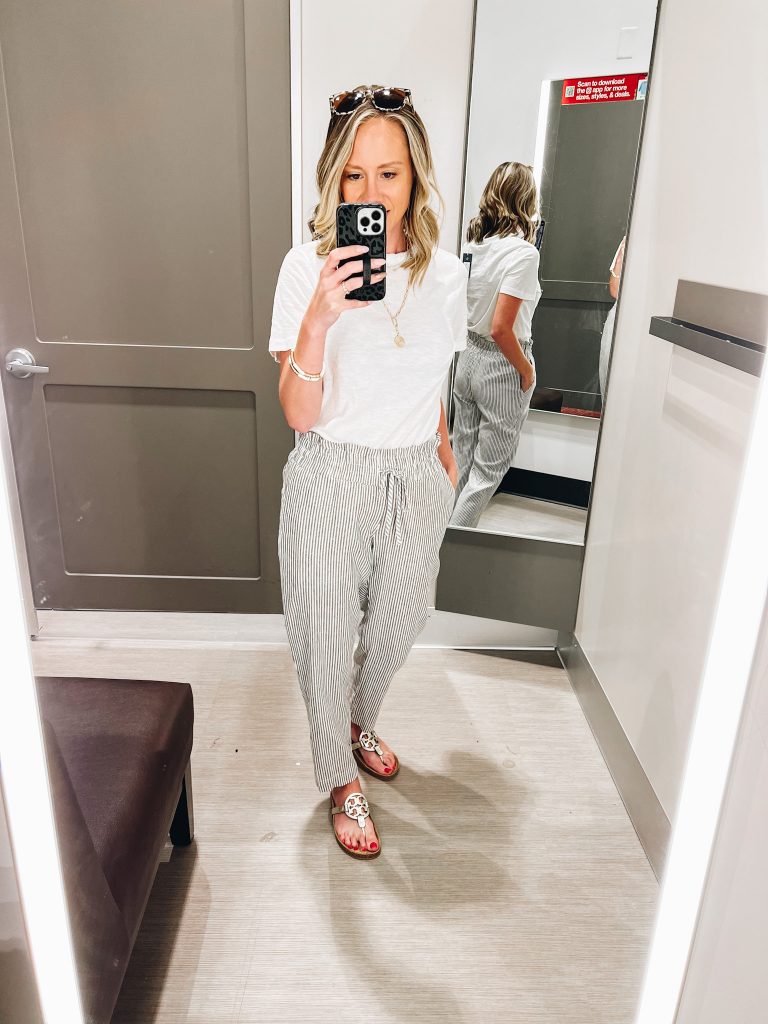 linen pants, striped pants, basic white tee, tory burch cloud sandals, summer outfits from target