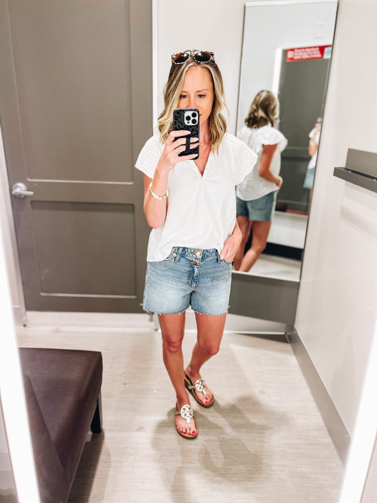 flutter sleeve tops, denim shorts, target style, summer outfits from Target, linen top