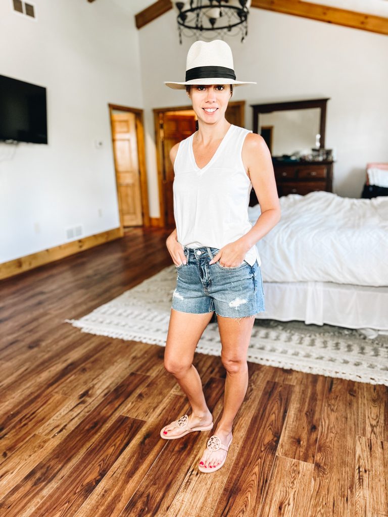 Old Navy denim shorts, white tank top, summer fedora hat, beach hat, tory burch miller sandals
