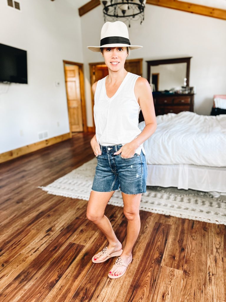 summer fedora, white tank top, denim shorts, tory burch miller soft sandals