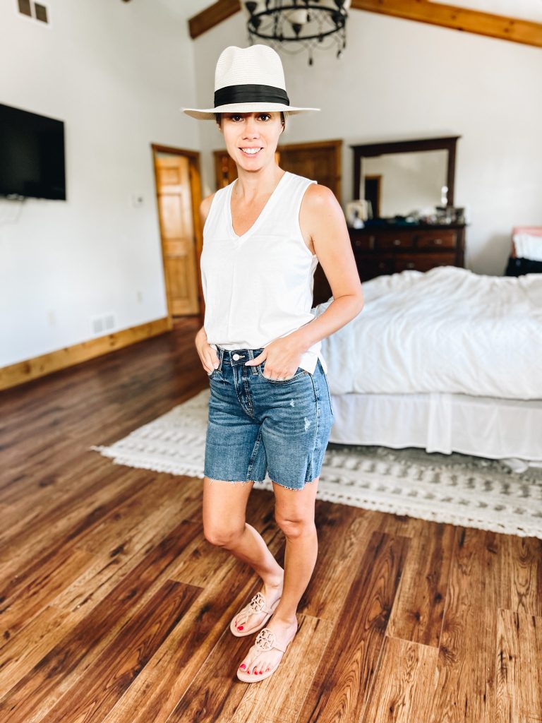 Old Navy denim shorts, white tank top, summer fedora hat, beach hat, tory burch miller sandals