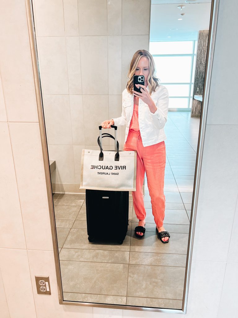 miami girls trip, travel outfit, jumpsuit, white denim jacket