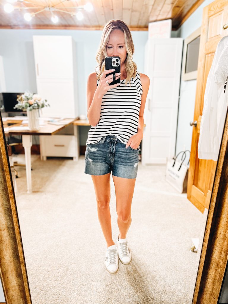 striped tank top, levi shorts, golden goose sneakers, women's fashion, amazon fashion