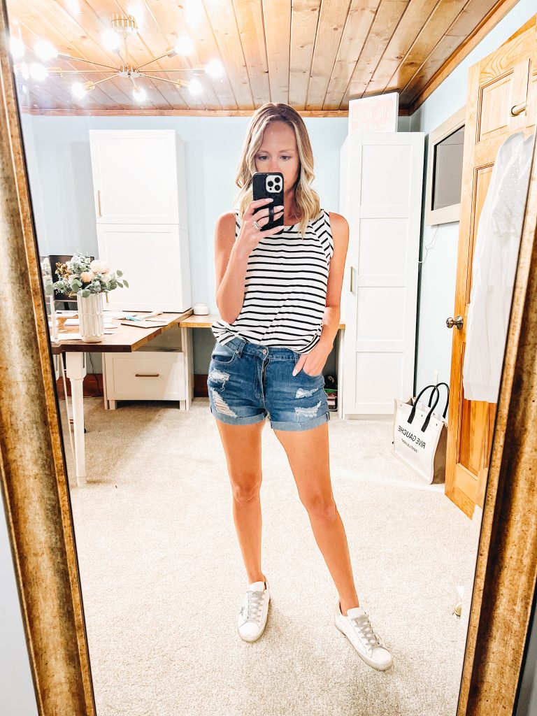 women's fashion, denim shorts from amazon, women's shorts, striped tank, golden goose sneakers
