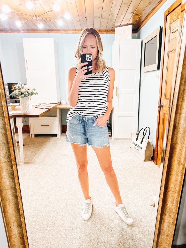 the drop by amazon, amazon fashion, denim shorts from Amazon, striped tank, golden goose sneakers