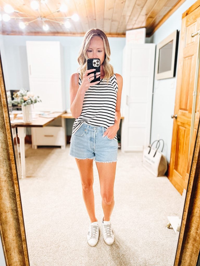 women's fashion, golden goose sneakers, denim shorts from Amazon, striped tank, summer fashion