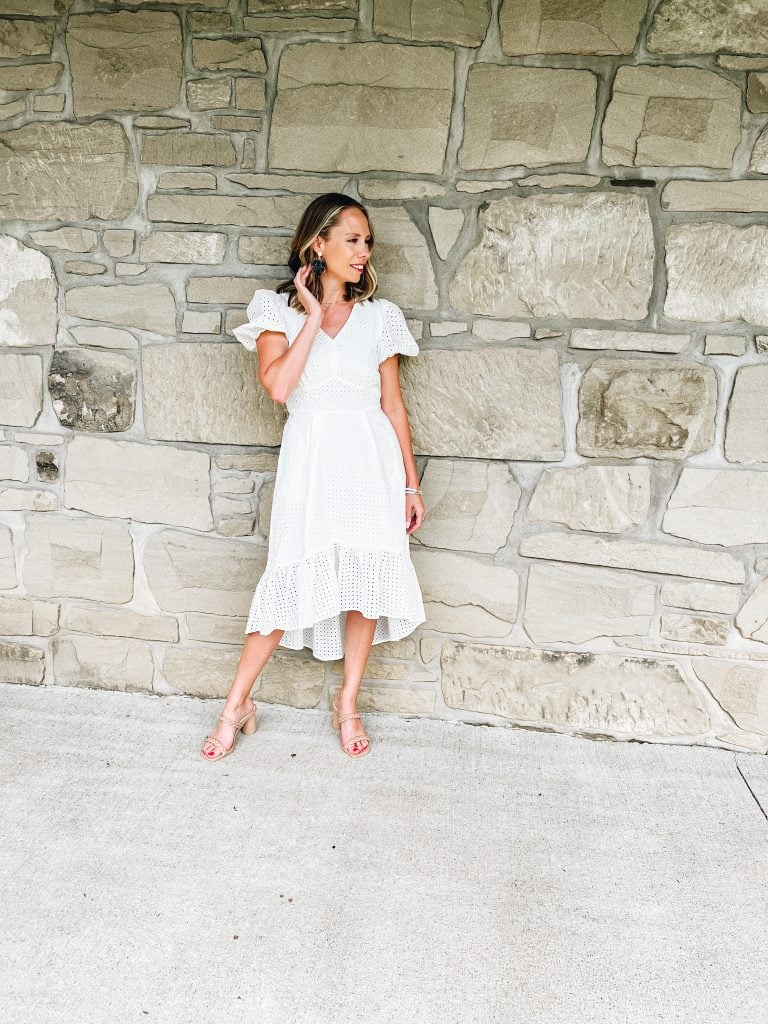 Summer Dresses from Walmart, white dress, eyelet dress, block heel sandals, braided sandals
