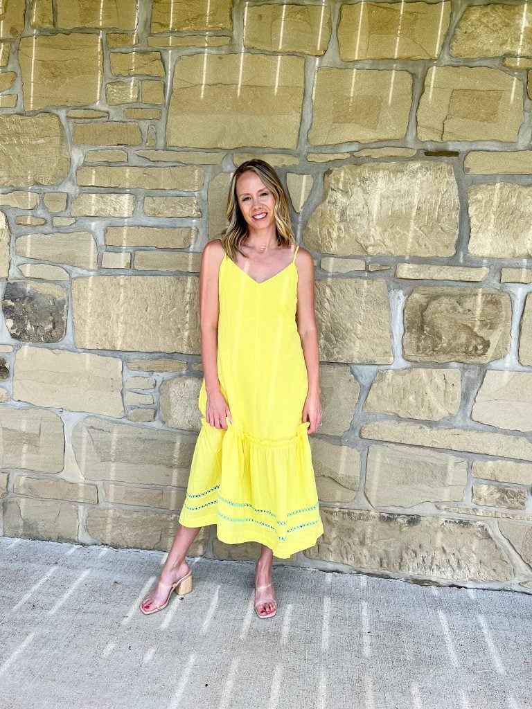 yellow dress, summer dresses from Walmart, wedding guest dresses, clear strap sandals