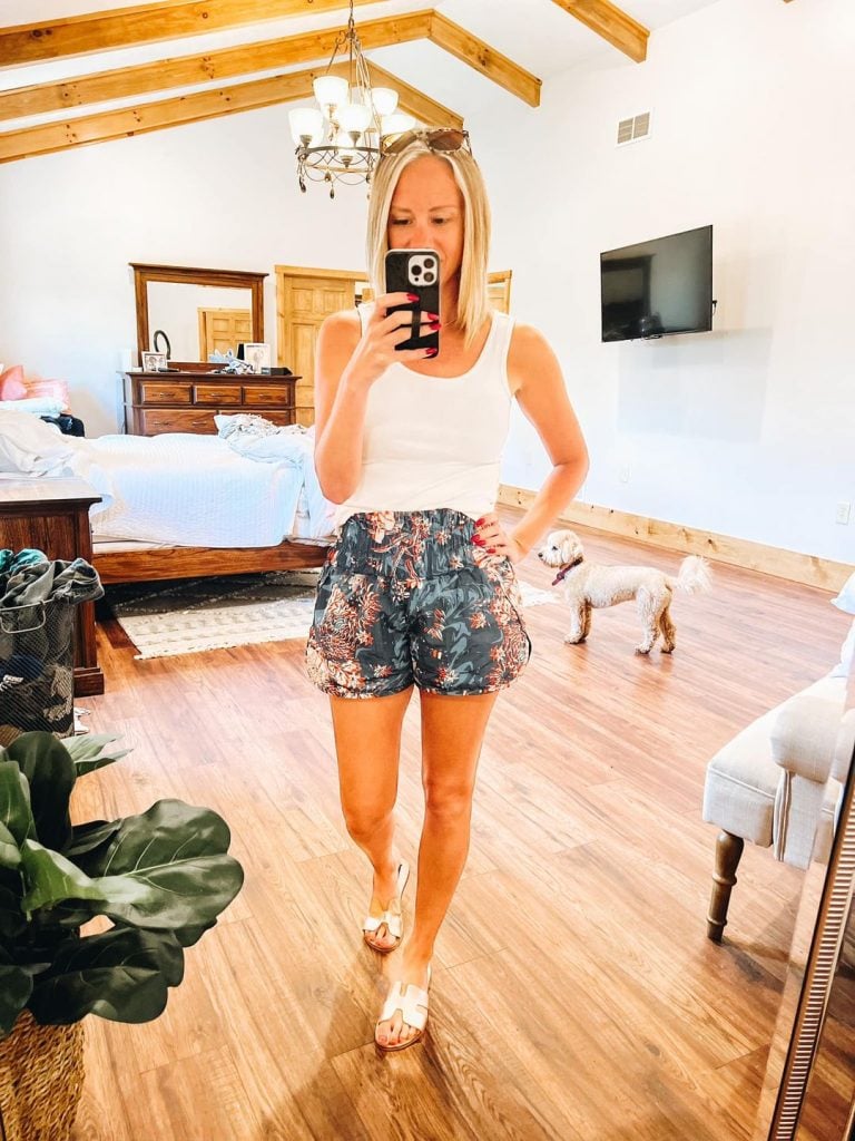 Free People Movement Athletic Shorts, workout shorts, printed FP Movement shorts, basic white tank, gold sandals, casual outfit
