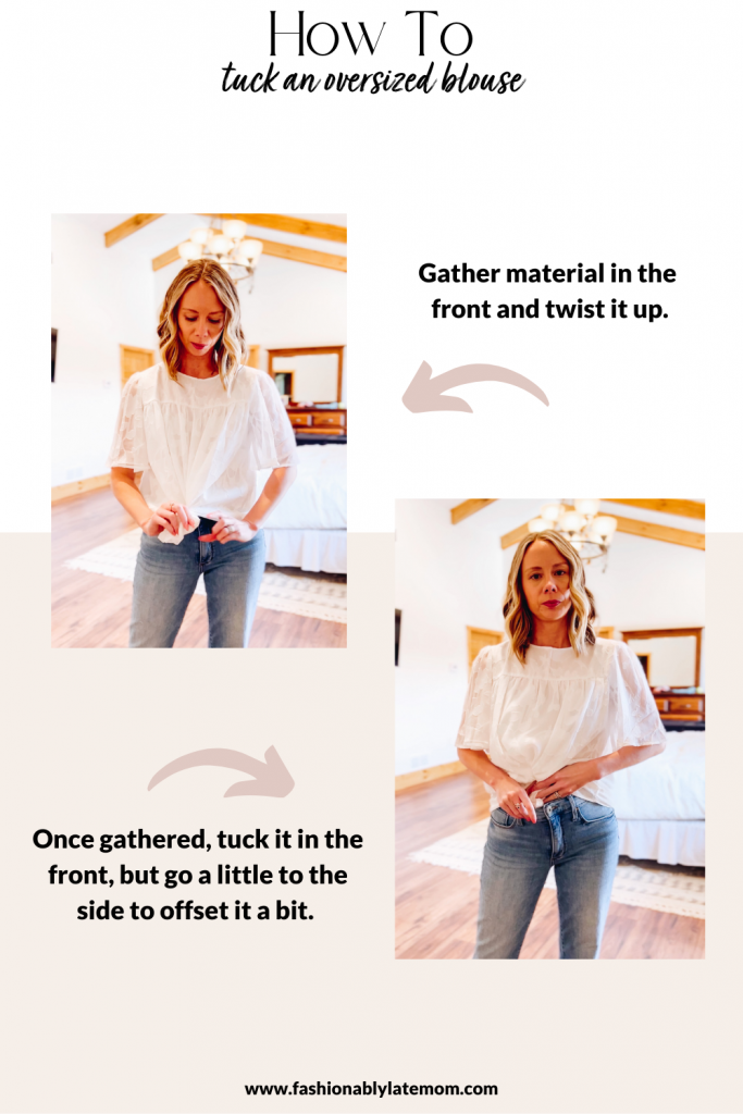 how to tuck an oversized blouse, amazon fashion, white blouse, straight leg jeans, braided sandals