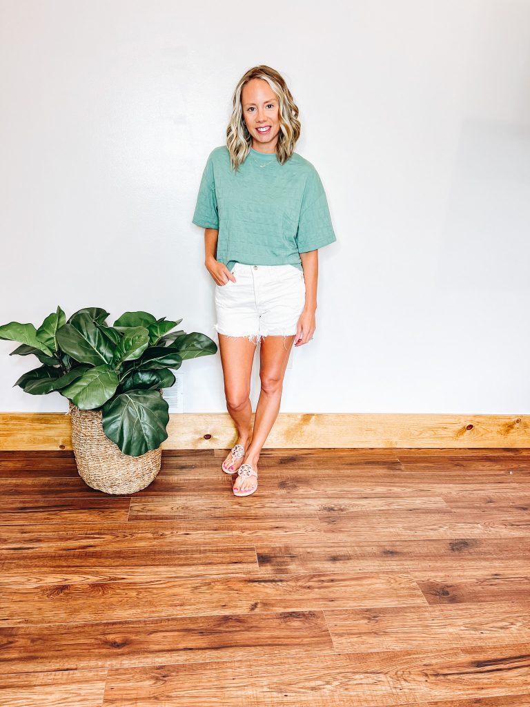 teal textured top, white agolde shorts, tory burch miller sandals